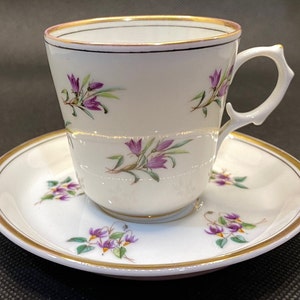 Vintage, Porcelain  demitasse cup and saucer  covered in purple Campanula