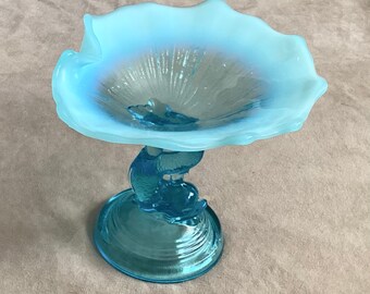 Northwood Glass Blue Opalescence Dolphin Compote
