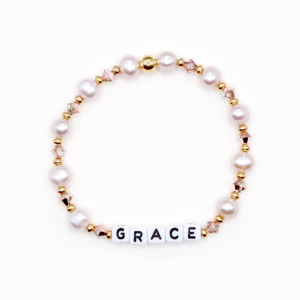 Custom Word Bracelet - 4mm Bicone and Mauve Pearl Beads, Personalized Name Stacking Bracelet, Beaded Bracelet, Grace Bracelet, Word Bracelet