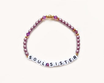 Custom Word Bracelet - 4mm Bicone, Czech Beads, Mauve, Personalized Name Bracelet, Stacking Bracelet, Beaded Sister Bracelet, Soul Sister