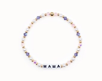 Mama Custom Word Bracelet - 4mm Bicone & Acrylic Pearl Beads, Personalized Bracelet, Pink, Purple Beads, Bracelet Stack, Mother's Day