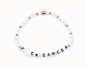 F Cancer Word Bracelet - 4mm Bicone & Gemstone Beads, Custom Name Bracelet, F Cancer, Cancer Survivor, F*ck Cancer, Cancer Bracelet, Gold