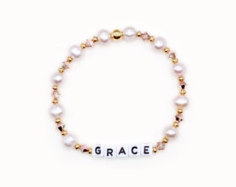 Custom Word Bracelet - 4mm Bicone and Mauve Pearl Beads, Personalized Name Stacking Bracelet, Beaded Bracelet, Grace Bracelet, Word Bracelet