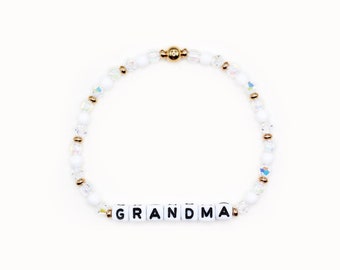 Grandma Custom Word Bracelet - 4mm Bicone Beads, Personalized Name Bracelet, White, Crystal, Mother's Day, Grandma Bracelet, Bracelet Stack