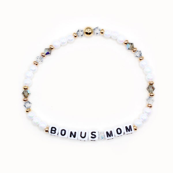 Custom Word Bracelet - 4mm Bicone & Acrylic Beads, Personalized Name Bracelet, Iridescent Beads, Bonus Mom Bracelet, Stepmom, Mother's Day