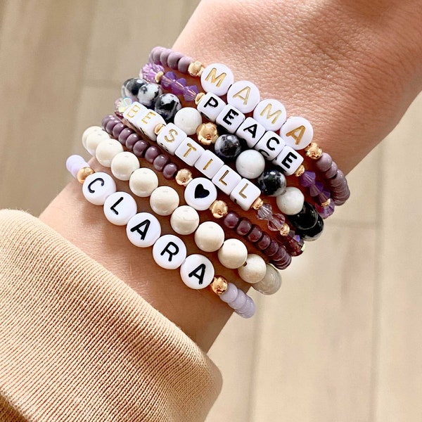 Personalized Word Bracelet - Purple Custom Beaded Bracelet, Custom Word Bracelet, Stacking Bracelets, Custom Name Bracelet, Gold, Silver