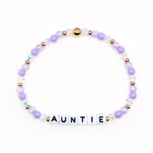 Auntie Custom Word Bracelet - 4mm Bicone & Acrylic Beads, Personalized Bracelet, Purple, Iridescent Beads, Auntie Bracelet, Bracelet Stack