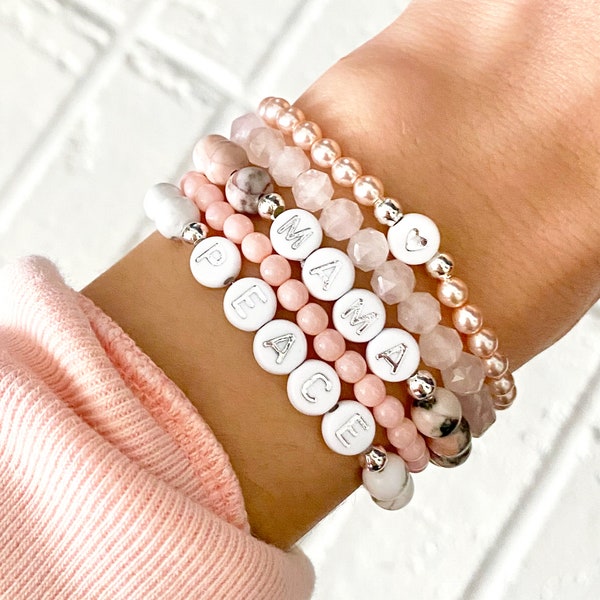Personalized Word Bracelet - Pink Custom Beaded Bracelet, Custom Word Bracelet, Stacking Bracelets, Custom Name Bracelet, Gold, Silver