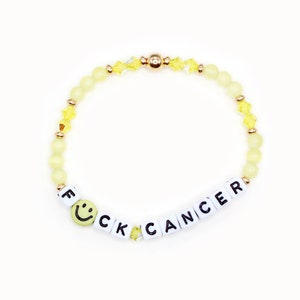 F*ck Cancer Word Bracelet - 4mm Bicone & Gemstone Beads - Cancer Support, Cancer Survivor, Yellow Ribbon, Cancer Bracelet, Pediatric Cancer