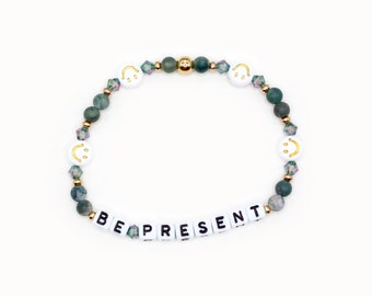 Custom Word Bracelet - 4mm Bicone, Gemstone Beads, Personalized Name Bracelet, Words Bracelet, Smiley Face Bead Bracelet, Moss Agate