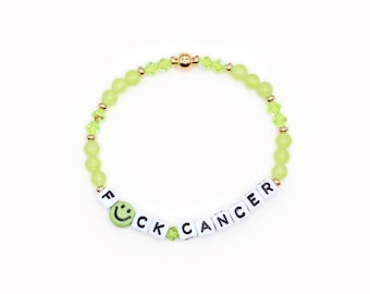 F*ck Cancer Word Bracelet - 4mm Bicone & Gemstone Beads - Cancer Support, Cancer Survivor, Green Ribbon, Cancer Bracelet, F Cancer, Lymphoma