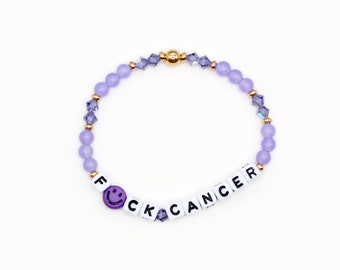 F*ck Cancer Word Bracelet - 4mm Bicone & Gemstone Beads - Cancer Support Gift, Cancer Survivor, Purple Ribbon, Cancer Bracelet, F Cancer