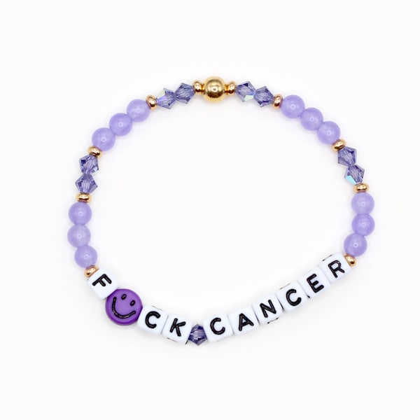 F*ck Cancer Word Bracelet - 4mm Bicone & Gemstone Beads - Cancer Support Gift, Cancer Survivor, Purple Ribbon, Cancer Bracelet, F Cancer