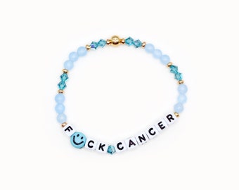 F*ck Cancer Word Bracelet - 4mm Bicone & Gemstone Beads - Cancer Support Gift, Cancer Survivor, Blue Ribbon, Colon Cancer, Prostate Cancer