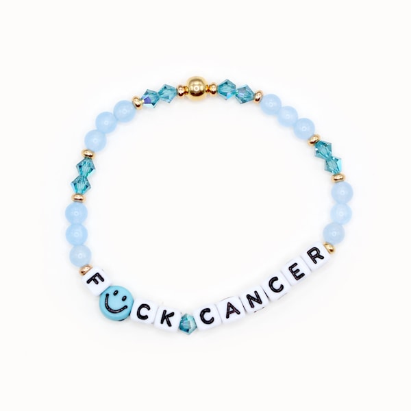 F*ck Cancer Word Bracelet - 4mm Bicone & Gemstone Beads - Cancer Support Gift, Cancer Survivor, Blue Ribbon, Colon Cancer, Prostate Cancer