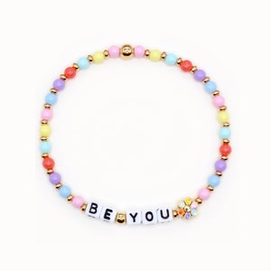 Custom Word Bracelet - 4mm Acrylic Beads, Colorful Flower Charm Bracelet, Rainbow Bracelet, Be You, Personalized Name Bracelet, Kids, Teens