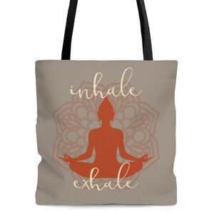 Top Handle Bag, Shoulder Purse, Brown “Inhale exhale” Bohemian Fabric Vegan Tote Bag, Laptop Tote Bag, Active Women Fashion Gift , Gym Bag