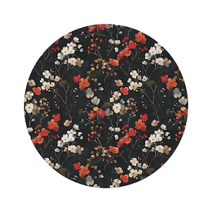 Floral Botanical Round Area Rug, Dark Cottagecore Accent Rug Floor Mat, Black White Red, Bohemian Eclectic Country Farmhouse New Home Gift