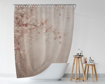 Douchegordijn kersenbloesem, sierlijk romantisch Japans geïnspireerde sakura waterdicht badgordijn met bloemen, badkamerontwerp in zen-stijl