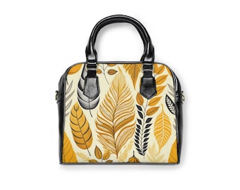 Gele schoudertas, botanische bladeren crossbody tas, veganistische faux lederen tas, verstelbare riem & tophandvatten handtas, dames bloemenportemonnee