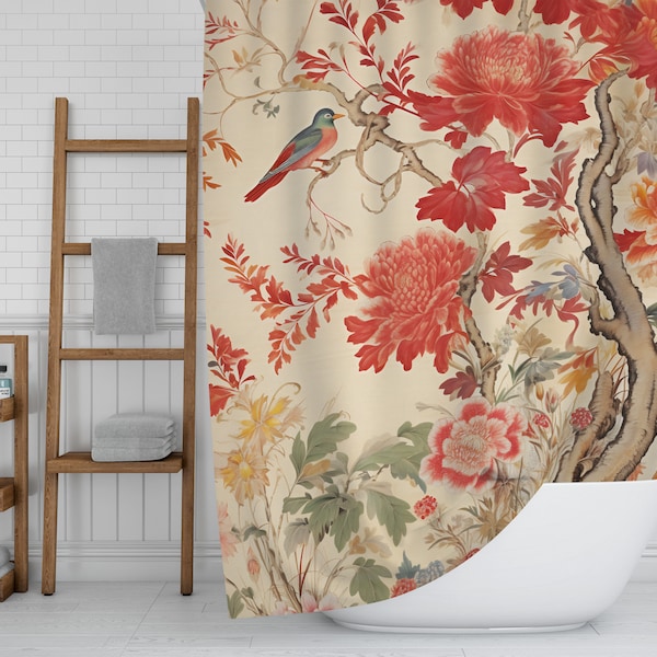 Oriental Floral Shower Curtain, Bohemian Asian Chintz Vintage Style Bath Curtain, Botanical Bathroom Decor, Flora Print Fabric Bath Curtain