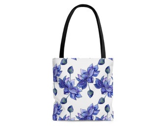 Lotus Flowers Tote Bag, White Large Fabric Tote Bag for Women with a Blue Floral Printed Design, Shopping Bag, Canvas Tote Bag, Beach Bag