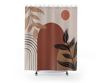 Cortina de ducha Boho, Cortina de ducha abstracta, Cortina de baño botánica marrón tonos tierra, Diseño de baño moderno, Decoración de baño Boho