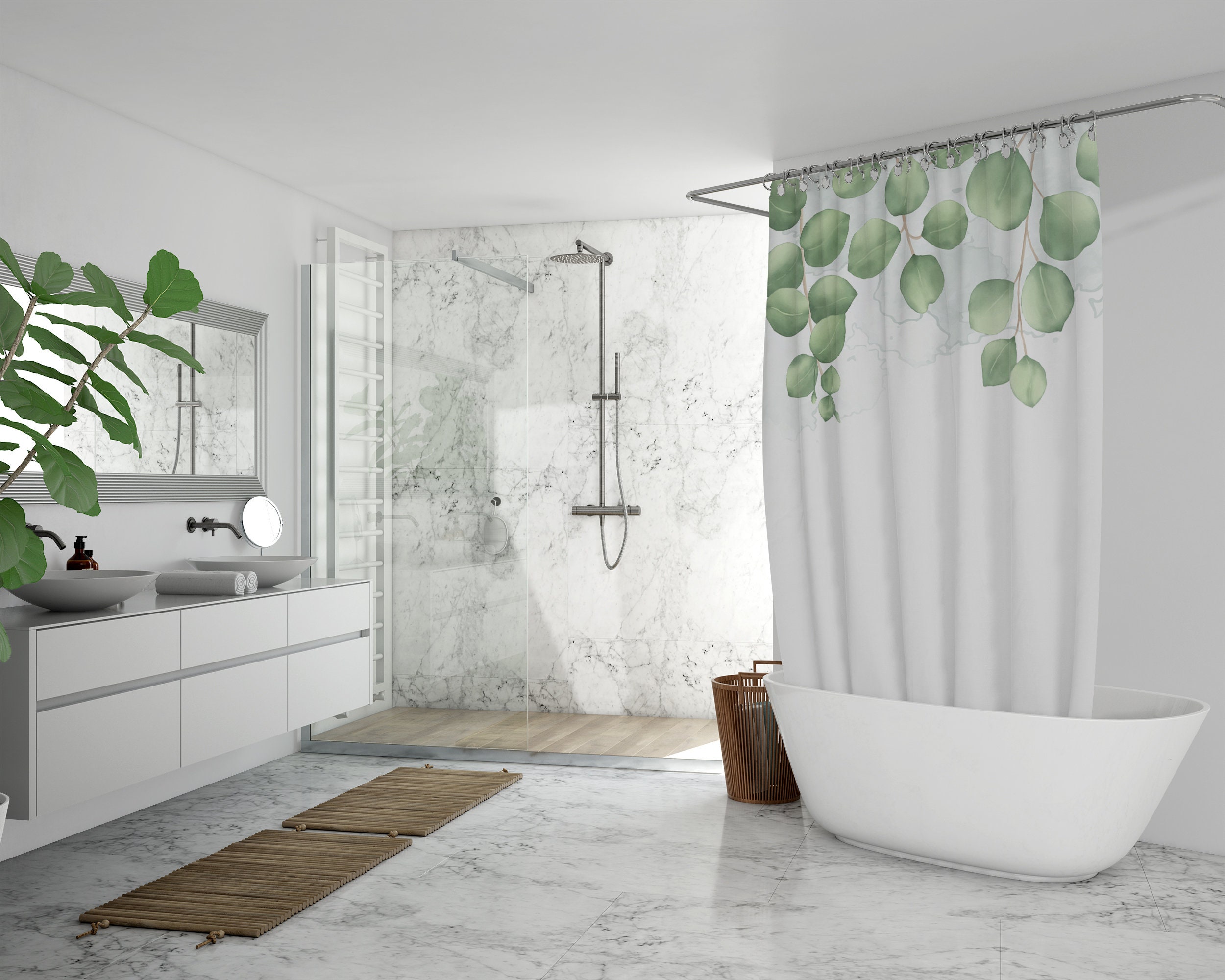 Uiiooazy Tenda Doccia Antimuffa, Tenda Da Doccia 180x180cm Eucalipto Foglie Blu Scuro E Verde Fiori Tende Da Bagno Tessuto Lavabile Impermeabile Poliestere Tende Per Vasca Da Bagno Con 12 Anelli - 5