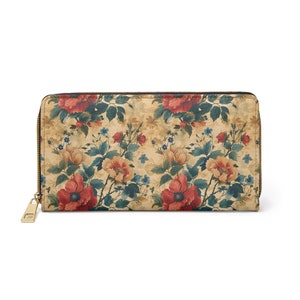 Cartera con cremallera floral, monedero botánico para monedas y tarjetas, cartera de cuero sintético boho con flores, bolsa de mujer con estampado de patrón vintage, regalo para ella