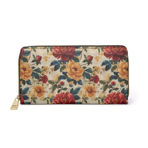 Cartera con cremallera floral, monedero botánico para monedas y tarjetas, cartera de cuero sintético boho con flores, bolsa de mujer con estampado de patrón vintage, regalo para ella