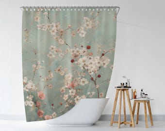 Douchegordijn kersenbloesem, sierlijk romantisch Japans geïnspireerde sakura waterdicht badgordijn met bloemen, badkamerontwerp in zen-stijl