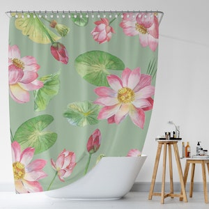 Botanical Shower Curtain, Lotus Flowers Shower Curtain, Green Floral Décor, Boho Bathroom Décor, Bathroom Curtain, Spring Bath Curtain