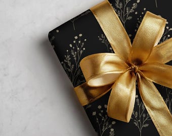 Rustieke bloemen inpakpapierrol, zwart-crèmebotanische cadeaupapierrol, papier met elegante natuurlook, matte of glanzende afwerking, minimalistische stijl