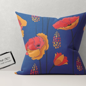 Boho Pillow Cover, Orange Red Blue Floral Botanical Square Decorative Throw Pillow Case 20x20 18x18 16x16 14x14, Farmhouse Cottagecore Décor
