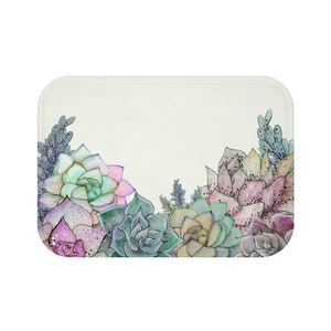 Succulents Bath Mat, Boho Bathroom Rug, Botanical Bath Mat, Watercolor Bathroom Decor, Kitchen Rug, Two Sizes Available 24&quot;x17&quot; / 34&quot;x21&quot; in
