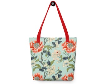 Chinoiserie Retro Tote Bag, Asian Floral Pattern Turquoise Blue Large Shoulder Tote, Beach Bag, Shopping Bag, Vintage Style Vegan Fabric Bag