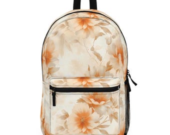 Laptoprugzak: oranje bloemen shabby chic polyester schooltas rugzak. Gewatteerde achterkant, verstelbare schouderbanden en meerdere vakken