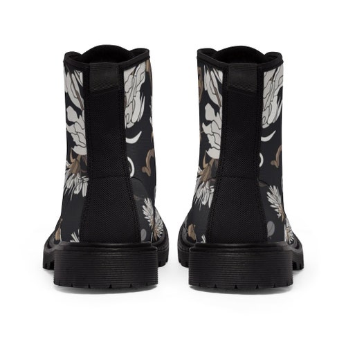 Boho Floral Boots, Black Boots, Festival Boots, Women's Combat Boots, Bohemian Boots, Gift for Boho Women, Trendy shops Boots, Cool Canvas Boots