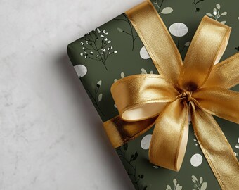 Rustieke bloemen cadeaupapierrol, olijfgroen botanisch inpakpapier, Scandinavische cadeauverpakking, matte of glanzende afwerking, elegant papier