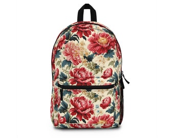 Floral Laptop Backpack, Vintage Style Chintz Oriental Flowers Print School Bag, Carry On Travel Hiking Bag for Her, Teacher Student Bookbag