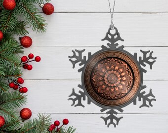Ozdoba płatka śniegu z miedzianym obrazkiem mandali, ozdoba boho, ozdoba świąteczna, dekoracja świąteczna Zen Yoga Mindfulness Meditation