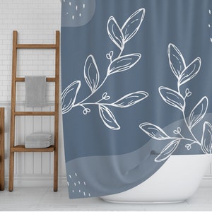 Boho Shower Curtain, Blue Gray and White Botanical Abstract Bath Curtain, Colorful Bohemian Leaves Watercolor Print Bathroom Décor Idea
