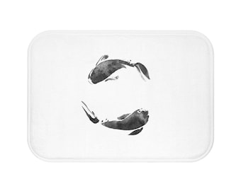 Koi Fish Bath Mat, Japanese Art Bathroom Decor, Minimalist Bath Rug Shower Decor, Black and White Bathroom, Asian Boho Bath Interior Design