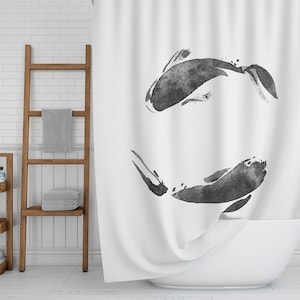 Koi Fish Shower Curtain, Japanese Art Bathroom Decor, Minimalist Shower Decor, Black and White Bathroom, Asian Boho Bath Interior Design