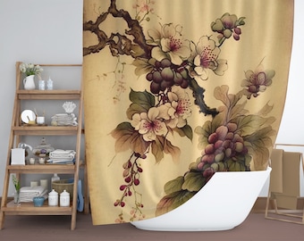 Oosterse bloemen douchegordijn, Boho Boho Aziatisch badgordijn, botanische bloemenbadkamerinrichting, boerderij Cottagecore badkamer, 71x74 in