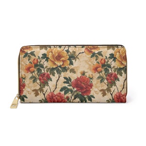 Cartera con cremallera floral, monedero botánico para monedas y tarjetas, cartera de cuero sintético boho con flores, bolsa de mujer con estampado de patrón vintage, regalo para ella