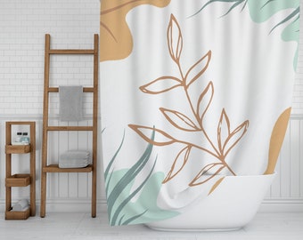 Boho Shower Curtain, White Orange and Green Botanical Abstract Bath Curtain, Colorful Bohemian Leaves Watercolor Print Bathroom Décor Idea