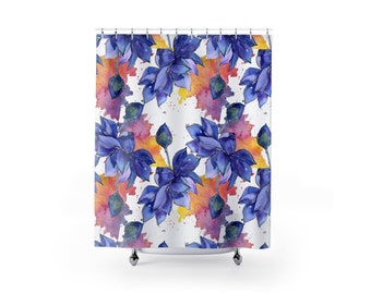 May include: Watercolor shower curtain featuring a blue floral pattern with splashes of orange, yellow, and purple paint.