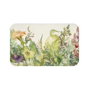 Flowers Boho Bath Mat, Garden Flowers Bath Rug, Floral Bathroom & Kitchen Mat, Bohemian Eclectic Bathroom Decor, Botanical Farmhouse Design