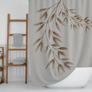 Botanical Shower Curtain, Boho Farmhouse Décor, Brown Leaves on Beige Bath Curtain, Eclectic Watercolor Floral Minimalist Art Bathroom Décor